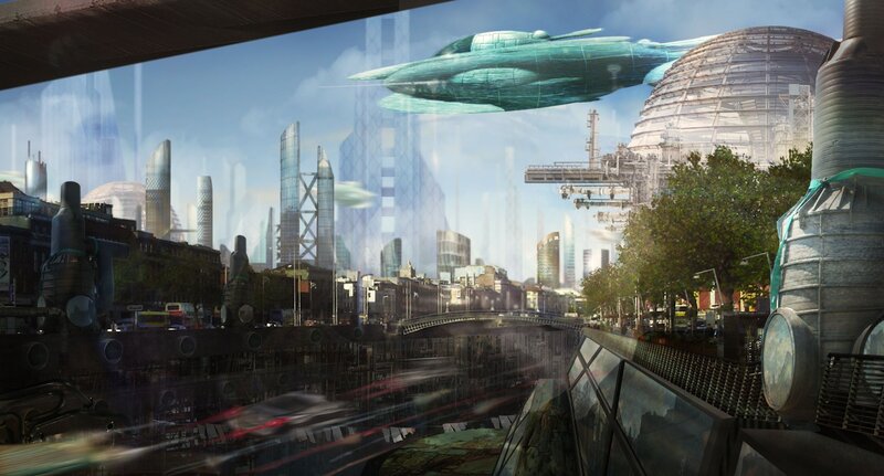 Futuristic Cityscape — Blue, Dramatic, Afternoon, Digital Art, Airship