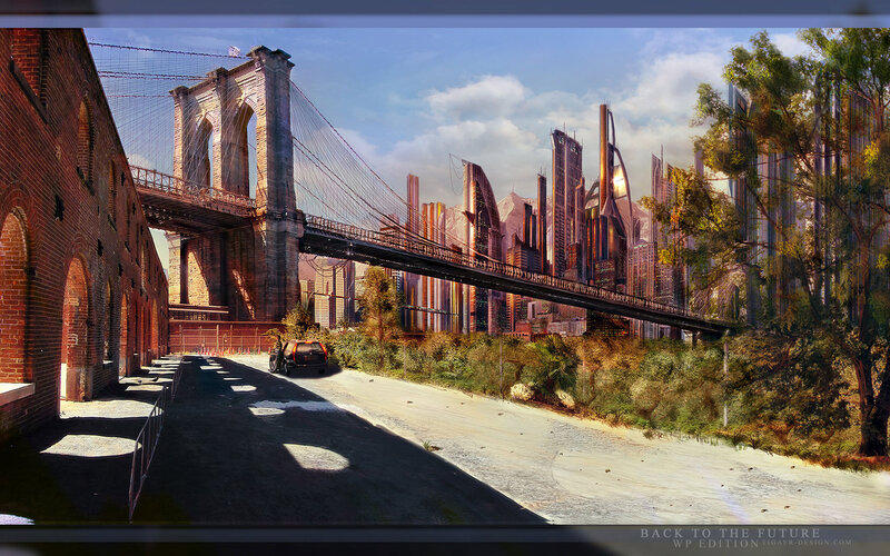 Futuristic Cityscape — Blue, Dramatic, Afternoon, Digital Art, Bridge, Skyscrapers