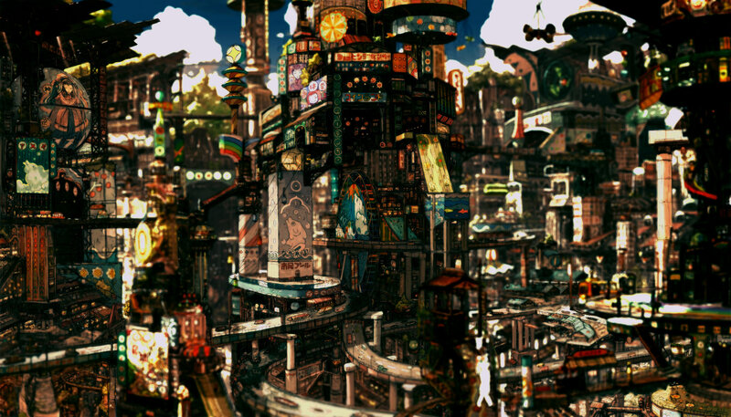 Futuristic Cityscape — Blue, Dramatic, Afternoon, Digital Art, Buildings, Signs, Transportation