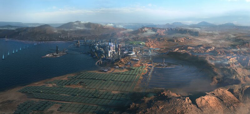 Futuristic Cityscape — Blue, Dramatic, Afternoon, Digital Art, Mountains