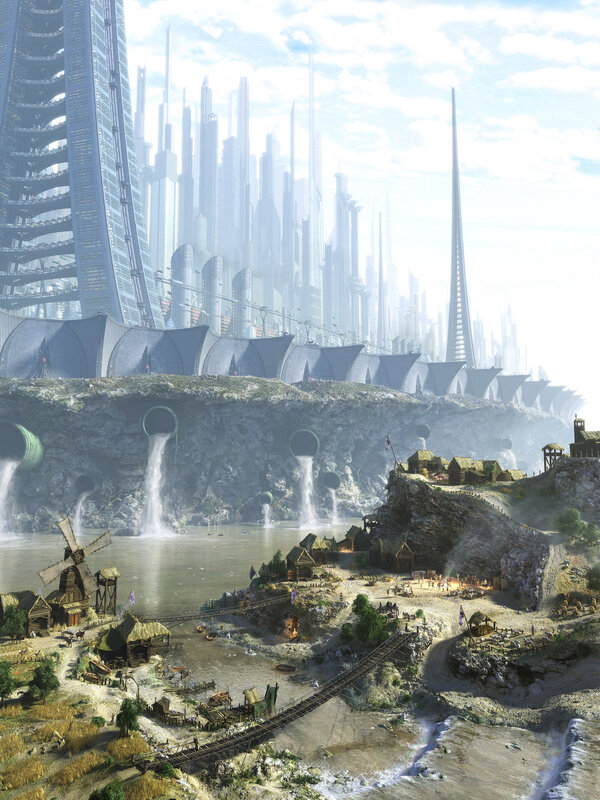 Futuristic Cityscape — Blue, Dramatic, Afternoon, Digital Art, Skyscrapers, River