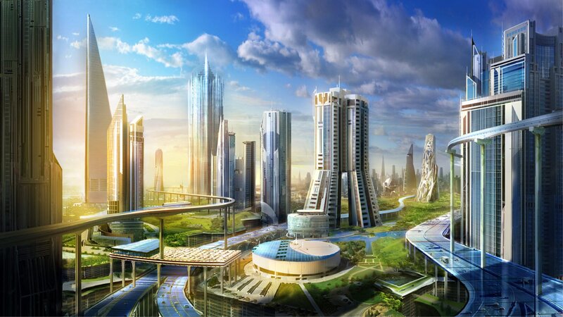 Futuristic Cityscape — Blue, Dramatic, Afternoon, Digital Art, Skyscrapers