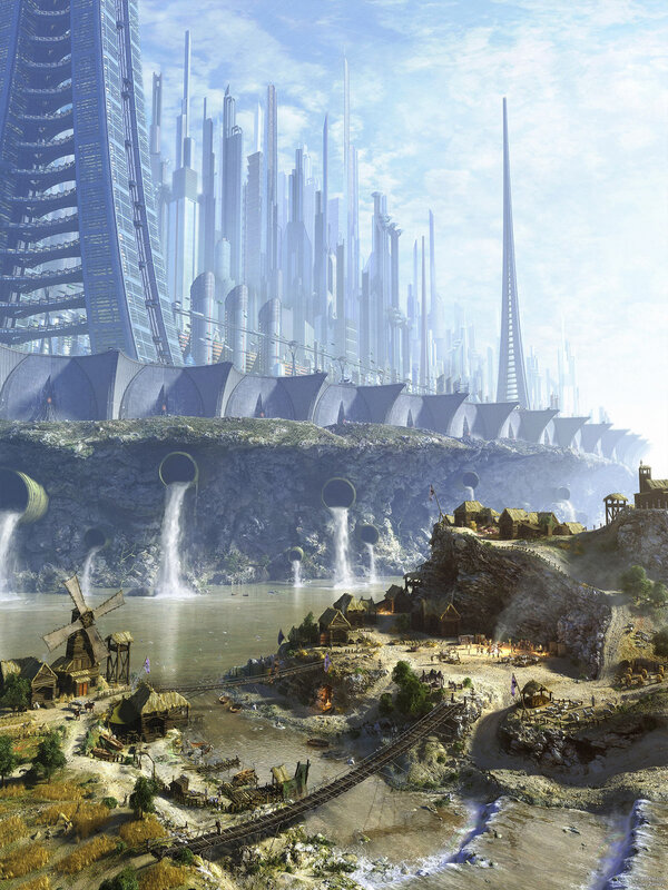 Futuristic Cityscape — Blue, Dramatic, Afternoon, Digital Art, Skyscrapers, Village, River
