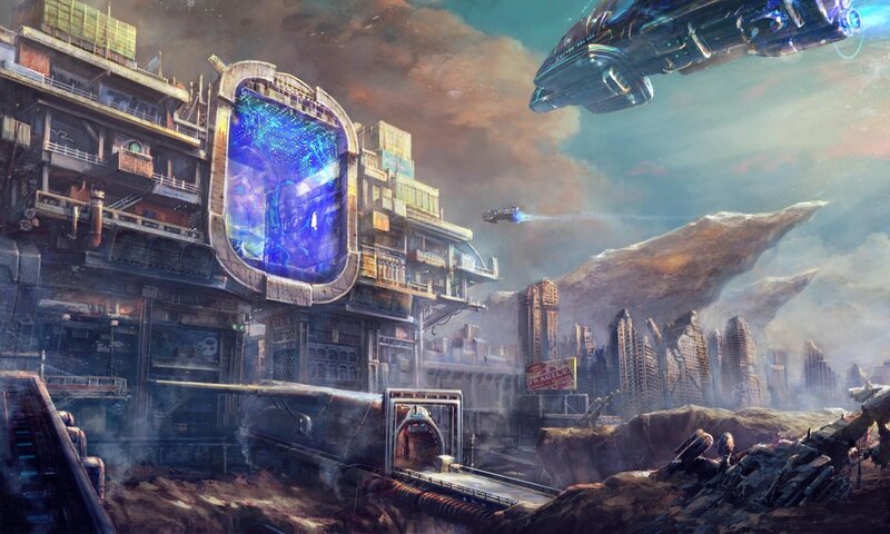 Futuristic Cityscape — Blue, Dramatic, Afternoon, Digital Art, Spaceship, Floating Rock, City Ruins