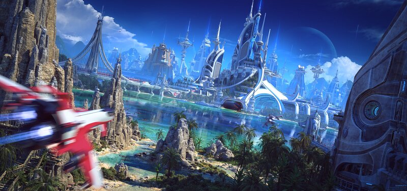 Futuristic Cityscape — Blue, Dramatic, Afternoon, Digital Art, Spaceship