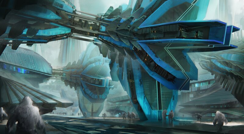 Futuristic Cityscape — Blue, Dramatic, Digital Art, Buildings
