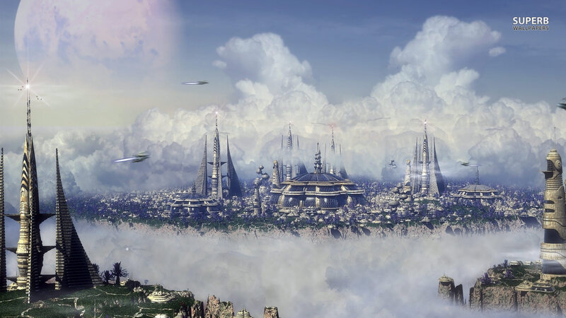 Futuristic Cityscape — Blue, Dramatic, Digital Art, Clouds