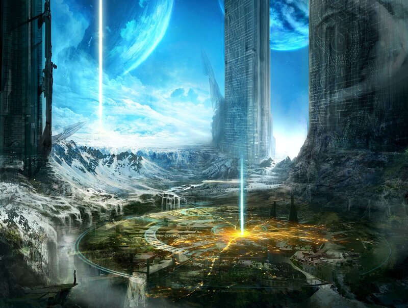Futuristic Cityscape — Blue, Dramatic, Digital Art, Mountains, Skyscrapers, Spacecraft