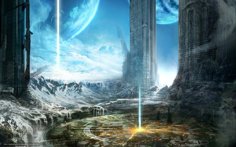 Futuristic Cityscape — Blue, Dramatic, Digital Art, Mountains