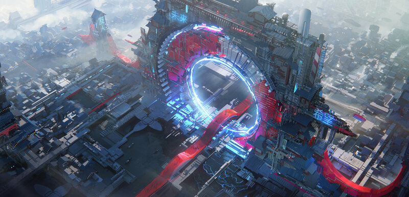 Futuristic Cityscape — Blue, Dramatic, Digital Art, Neon Lights