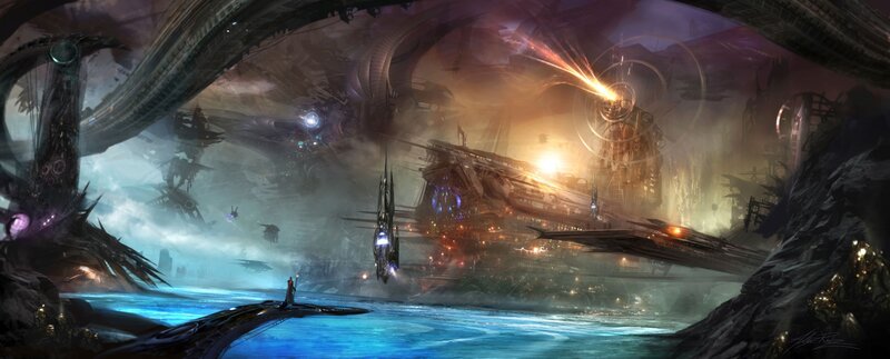 Futuristic Cityscape — Blue, Dramatic, Digital Art, Ships