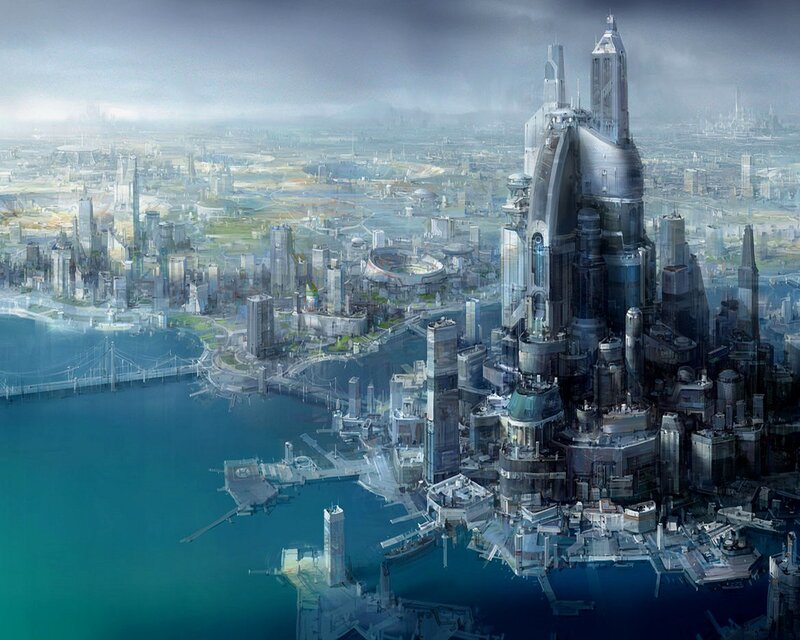 Futuristic Cityscape — Blue, Dramatic, Digital Art, Skyscraper, River