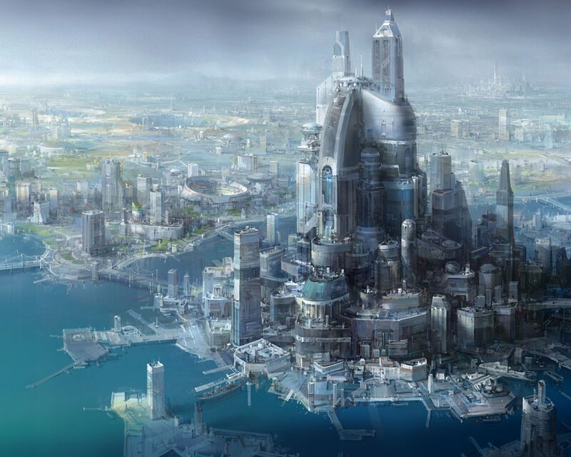 Futuristic Cityscape — Blue, Dramatic, Digital Art, Skyscraper, Water, Port