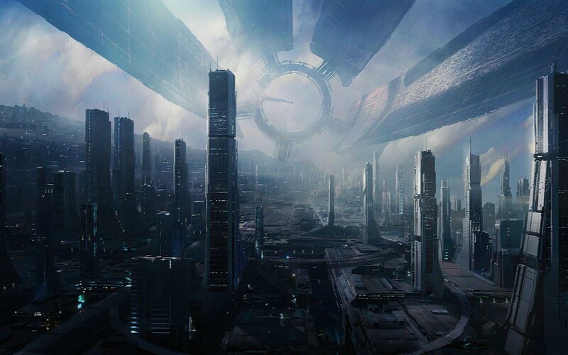 Futuristic Cityscape — Blue, Dramatic, Digital Art, Skyscrapers, Space Station