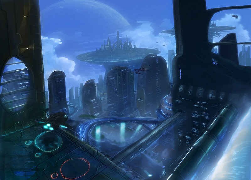 Futuristic Cityscape — Blue, Dramatic, Digital Art, Space Station