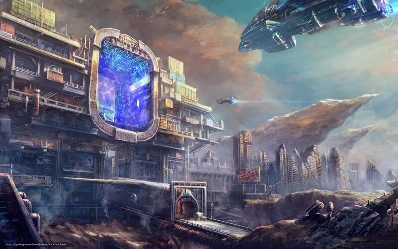 Futuristic Cityscape — Blue, Dramatic, Digital Art, Spaceship