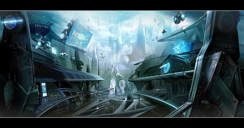 Futuristic Cityscape — Blue, Dramatic, Digital Art, Spaceships, Skyscrapers