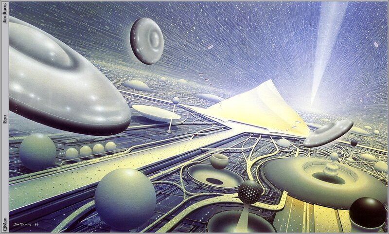 Futuristic Cityscape — Blue, Dramatic, Digital Art, Spaceships, Spheres, Platforms