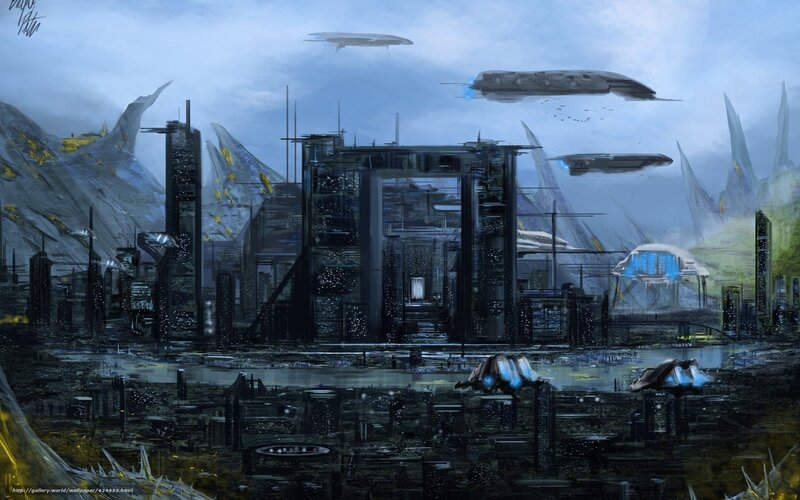 Futuristic Cityscape — Blue, Dramatic, Digital Art, Spaceships