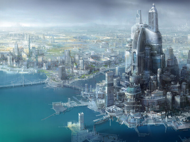 Futuristic Cityscape — Blue, Dramatic, Digital Art