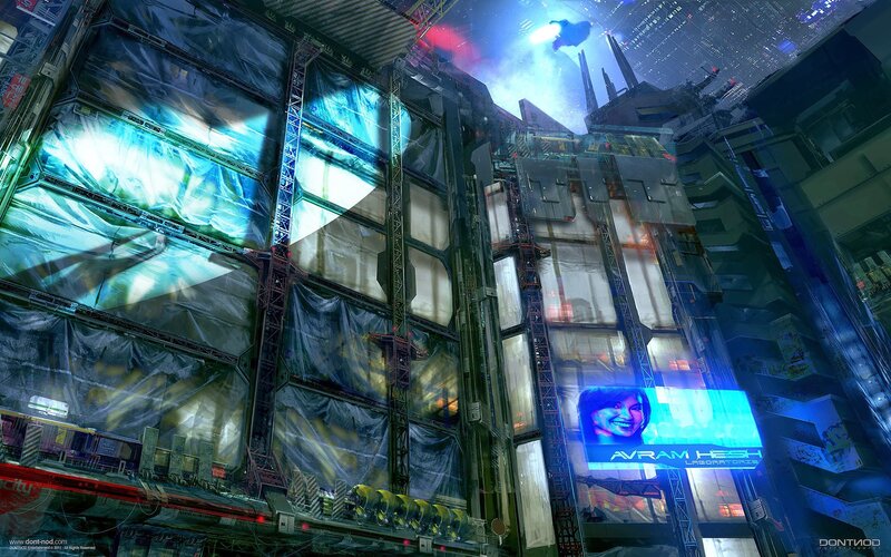 Futuristic Cityscape — Blue, Dramatic, Night, Digital Art, Building