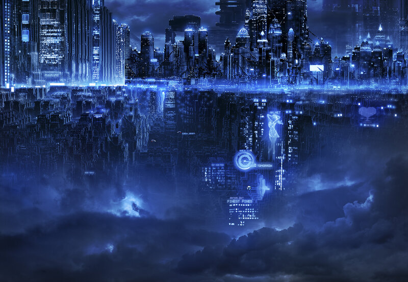 Futuristic Cityscape — Blue, Dramatic, Night, Digital Art, Buildings, Reflection