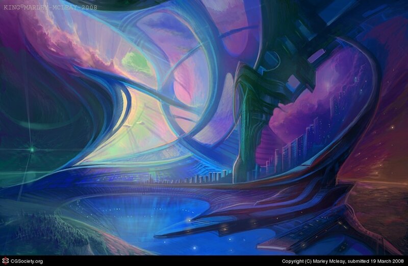 Futuristic Cityscape — Blue, Dramatic, Night, Digital Art, City, River