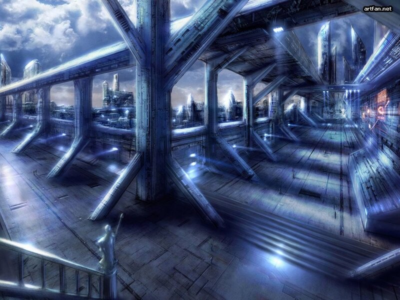 Futuristic Cityscape — Blue, Dramatic, Night, Digital Art, City Skyline, Metal Beams