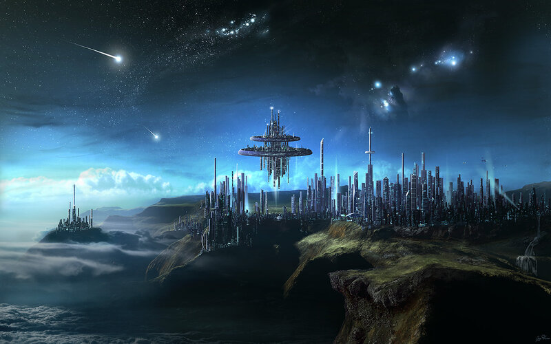Futuristic Cityscape — Blue, Dramatic, Night, Digital Art, City