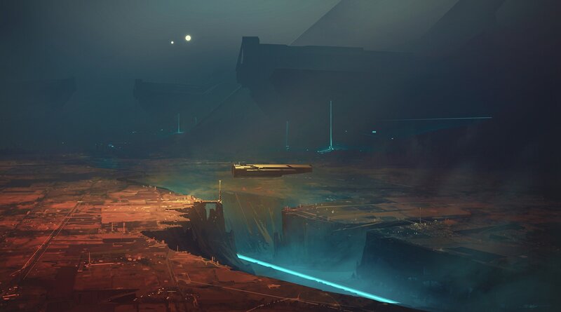 Futuristic Cityscape — Blue, Dramatic, Night, Digital Art, Floating Platform