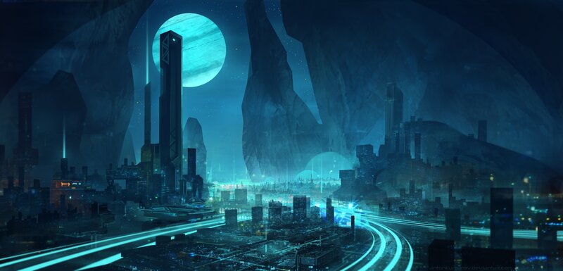 Futuristic Cityscape — Blue, Dramatic, Night, Digital Art, Moon, Skyscrapers