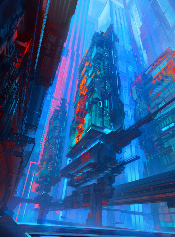 Futuristic Cityscape — Blue, Dramatic, Night, Digital Art, Neon Lights, Skyscrapers