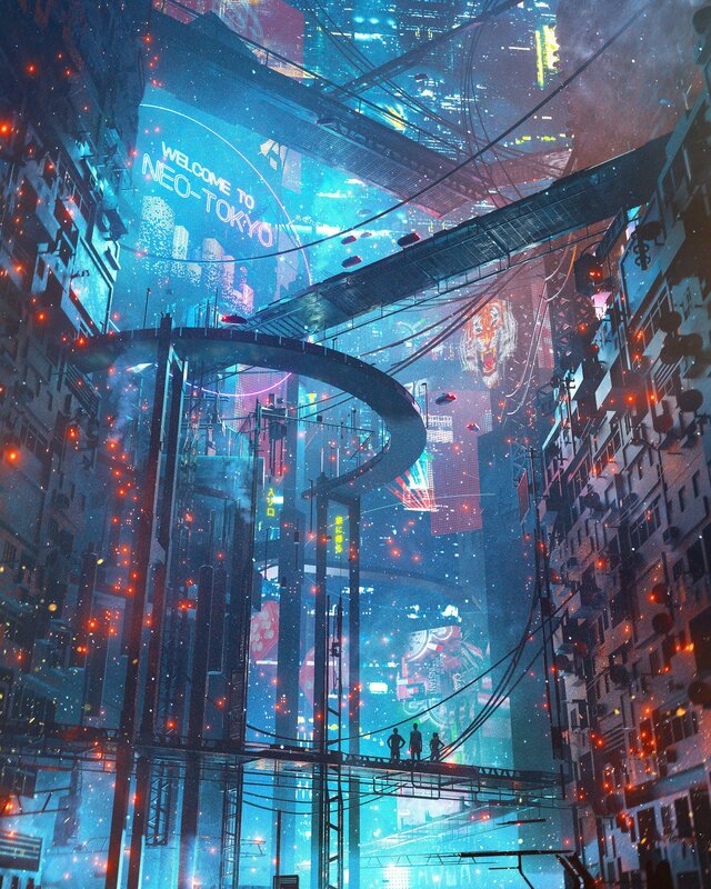 Futuristic Cityscape — Blue, Dramatic, Night, Digital Art, Neon Signs, Skyscrapers, Walkway
