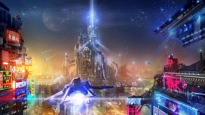 Futuristic Cityscape — Blue, Dramatic, Night, Digital Art, Neon Signs, Spaceships