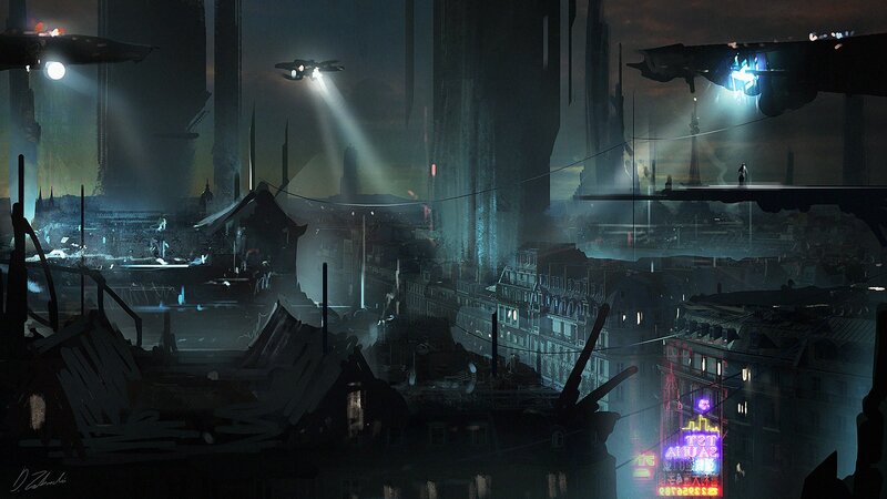 Futuristic Cityscape — Blue, Dramatic, Night, Digital Art, Neon Signs
