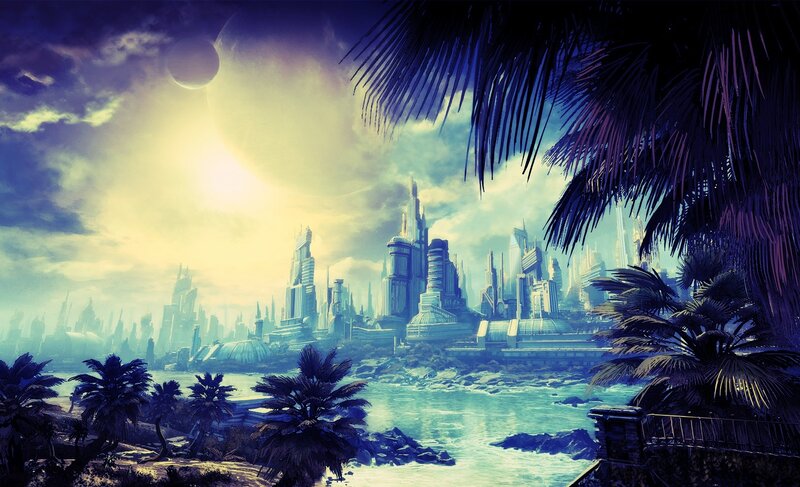 Futuristic Cityscape — Blue, Dramatic, Night, Digital Art, Palm Trees