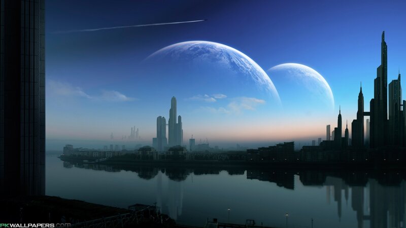 Futuristic Cityscape — Blue, Dramatic, Night, Digital Art, Planets