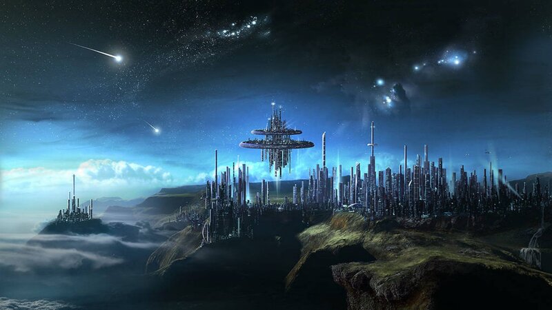 Futuristic Cityscape — Blue, Dramatic, Night, Digital Art, Sky, Stars