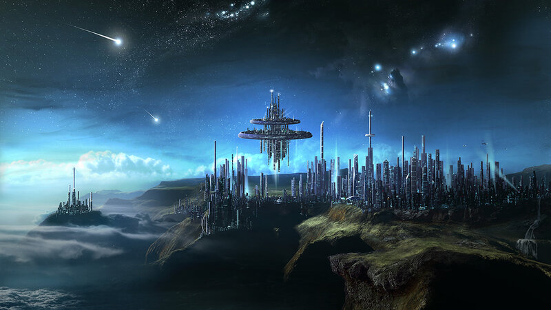 Futuristic Cityscape — Blue, Dramatic, Night, Digital Art, Sky