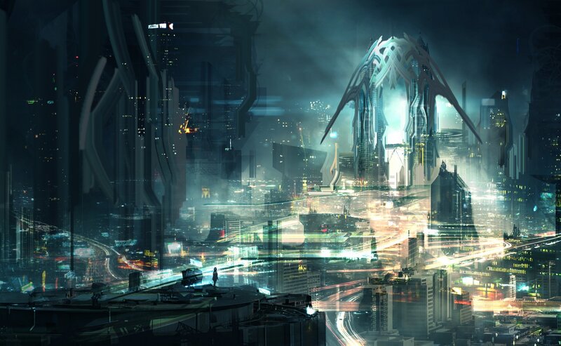 Futuristic Cityscape — Blue, Dramatic, Night, Digital Art, Skyscraper, Light Trails