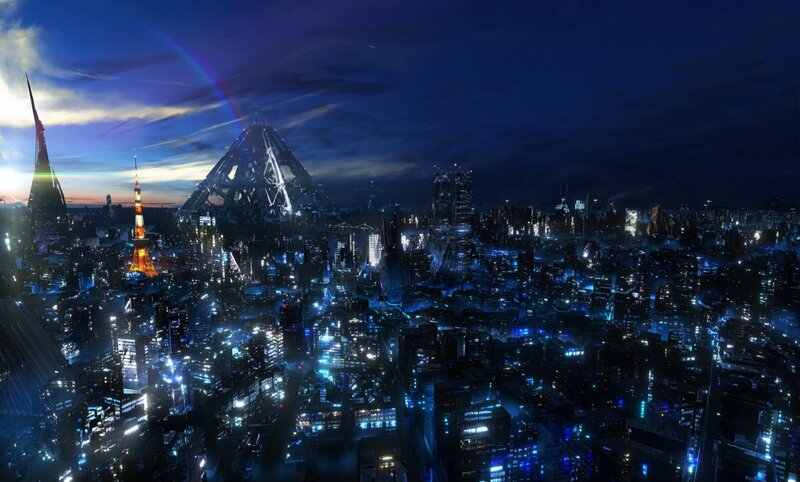 Futuristic Cityscape — Blue, Dramatic, Night, Digital Art, Skyscraper, Tower, Rainbow
