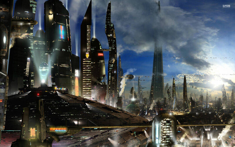 Futuristic Cityscape — Blue, Dramatic, Night, Digital Art, Skyscrapers, Aircraft, Clouds