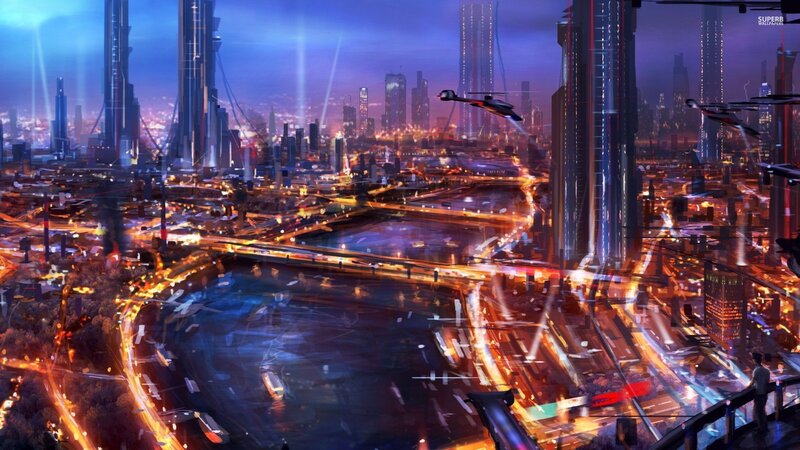 Futuristic Cityscape — Blue, Dramatic, Night, Digital Art, Skyscrapers, Aircraft, River