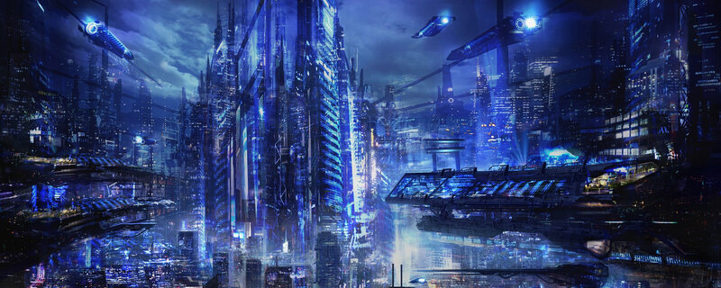 Futuristic Cityscape — Blue, Dramatic, Night, Digital Art, Skyscrapers, Aircraft