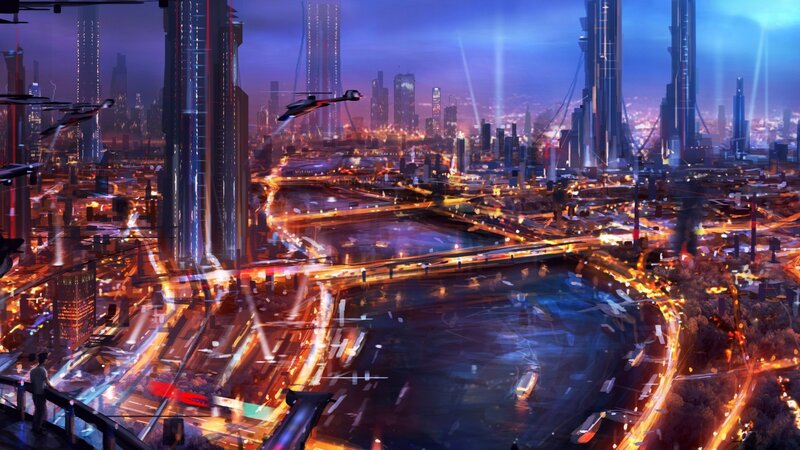 Futuristic Cityscape — Blue, Dramatic, Night, Digital Art, Skyscrapers, Drones