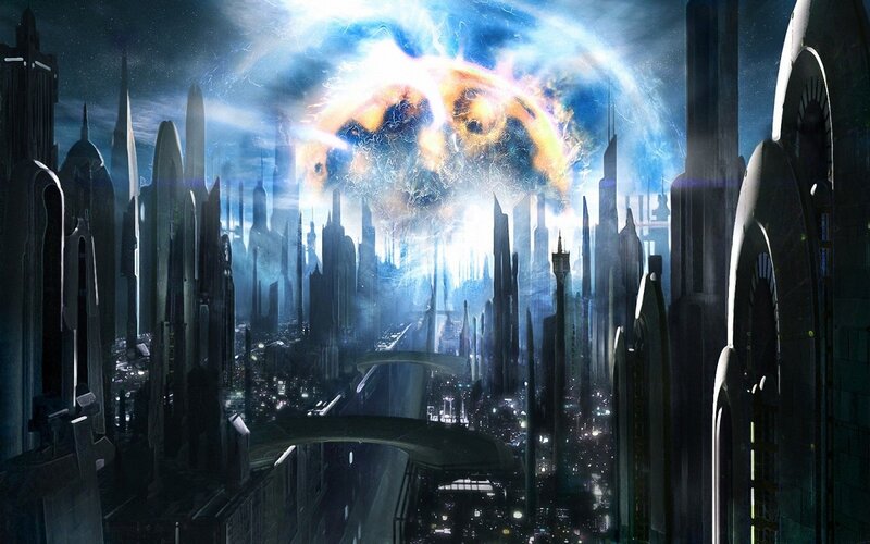 Futuristic Cityscape — Blue, Dramatic, Night, Digital Art, Skyscrapers, Energy Storm