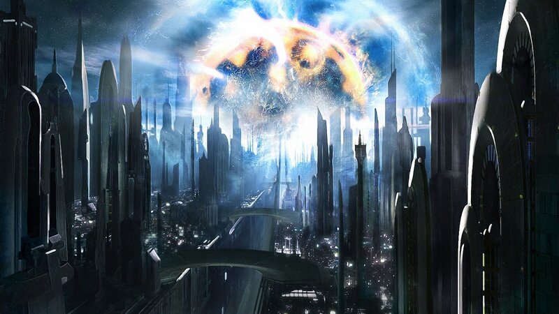 Futuristic Cityscape — Blue, Dramatic, Night, Digital Art, Skyscrapers, Explosion