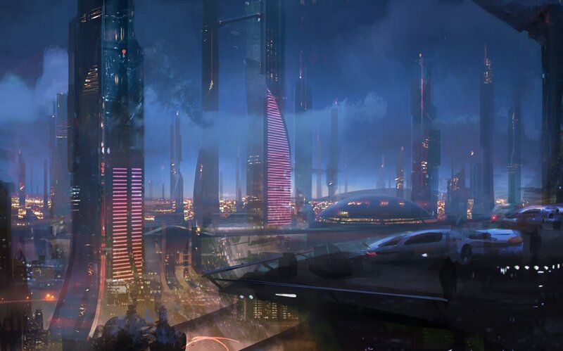 Futuristic Cityscape — Blue, Dramatic, Night, Digital Art, Skyscrapers, Flying Cars, Neon Lights