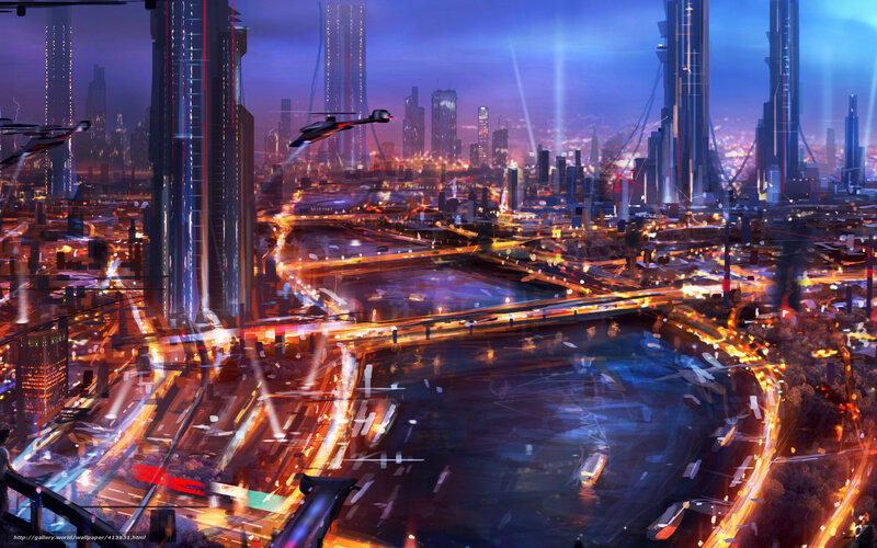 Futuristic Cityscape — Blue, Dramatic, Night, Digital Art, Skyscrapers, Flying Vehicles, River