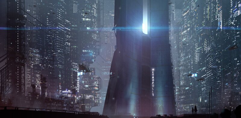 Futuristic Cityscape — Blue, Dramatic, Night, Digital Art, Skyscrapers, Flying Vehicles, Silhouettes